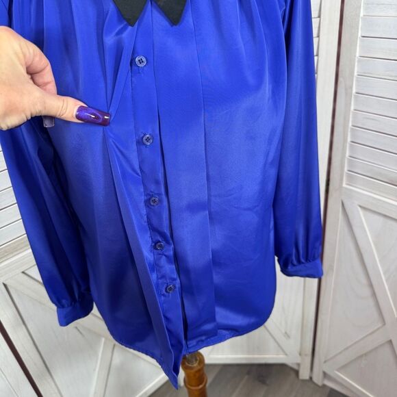 Vintage 80s Design Elements Pleated Removable Neck Bow Blouse Blue 10 - Picture 8 of 13
